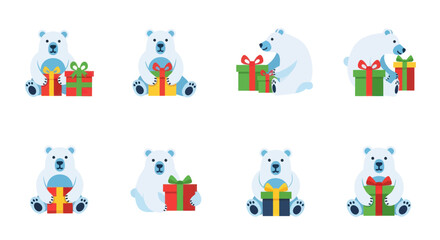 Obraz premium Festive polar bears collection with colorful presents for celebrations and holidays cheer