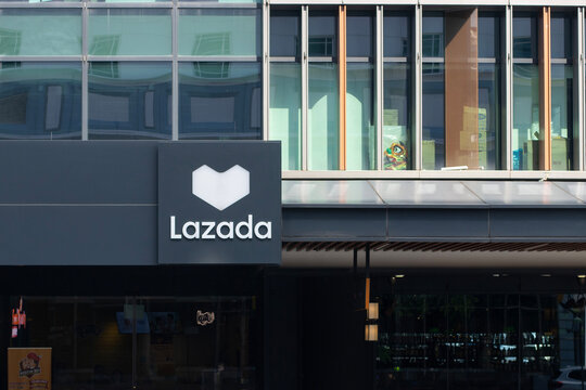 Singapore - July 27, 2025: Lazada logo is seen at the entrance to Lazada One, the company's headquarters in Bras Basah, Singapore. Lazada Group is a major e-commerce platform in Southeast Asia.