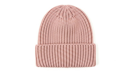 Pink ribbed knit beanie hat on a white background lifestyle accessory for winter cold weather