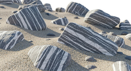 Realistic close up of striped stones laying on a bed of fine sand against white