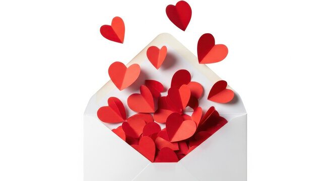 Red paper hearts bursting from an envelope against a white background for love concepts - Powered by Adobe