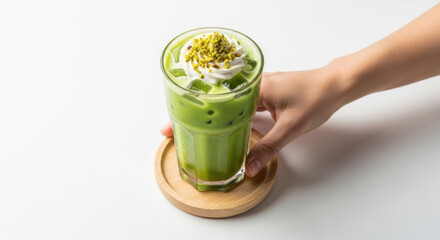 Refreshing iced matcha latte with whipped cream and pistachios served on a wooden coaster