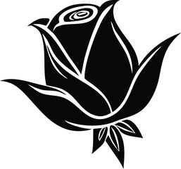 Elegant black silhouette of a rose bud with delicate petals and leaves ideal for design projects
