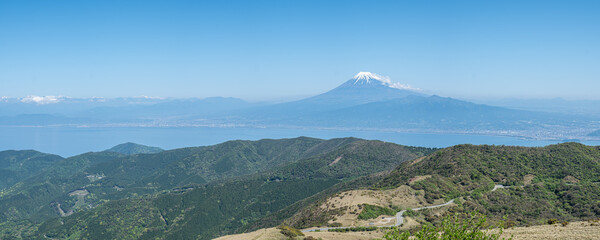 Panorama view from Darumayama mountain at Namazu, Shizuoka, Japan, Scenic view of Mount Fuji with...