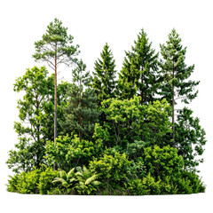 Lush green forest scene with diverse trees and foliage transparent background