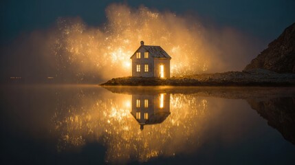 Bright Lights Illuminate a Serene House Surrounded by Calm Waters at Night Near Distant Mountains