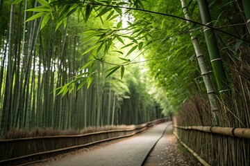 Obraz premium Serene bamboo pathway through lush green forest