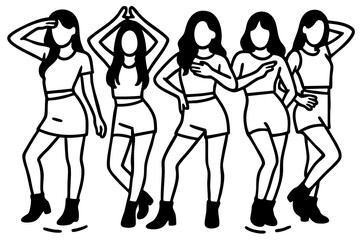 Black and White illustrationof five K-pop female idols in stylish outfits, standing together on white background. Symbol of Korean pop culture, music, and performance.
