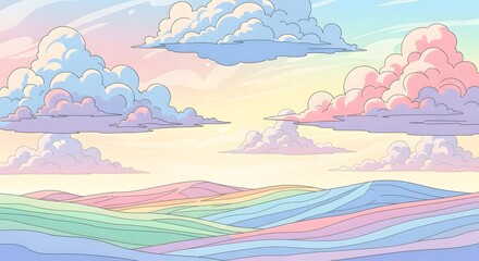 Dreamy pastel landscape with fluffy, colorful clouds over rolling hills in a whimsical, serene illustration.