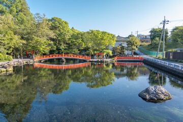Obraz premium Red arched bridge over pond in Japanese garden with green trees and clear sky at Fujinomiya, Shizuoka, Japan,