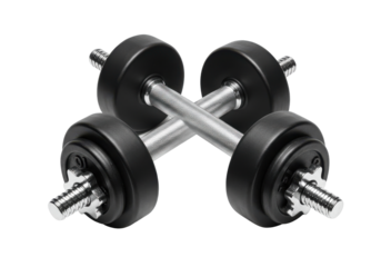 Pair of chrome dumbbells crossed with black rubber-coated weights, gym equipment for bodybuilding, workout, and strength training concept isolated on white background