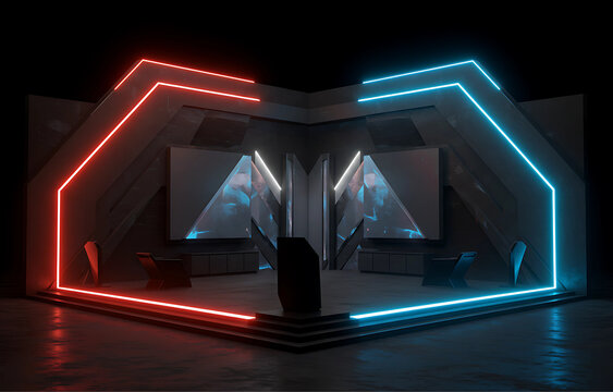 Dynamic futuristic gaming studio setup with vibrant neon lights in red and blue, perfect for esports events, virtual presentations, or high-tech broadcasts