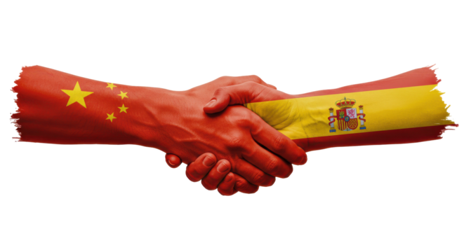 China and Spain flag handshake grunge style illustration, symbol of diplomacy, partnership, global politics, and international cooperation isolated on white background