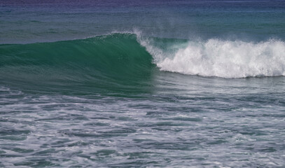 Seascape of a Large Green Ocean Wave Breaking with Spray and White Water.