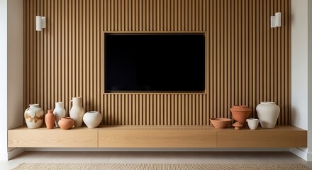 Modern Living Room Entertainment Wall with Slatted Wood Design.