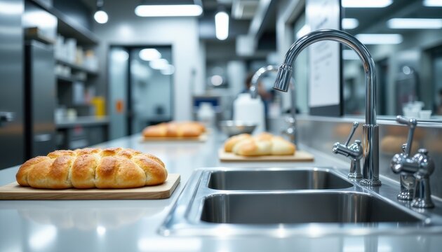bread factory hygiene disinfected sink and faucets shining in preparation zone, reflecting hygiene standards, photo realistic style, high resolution, clear composition