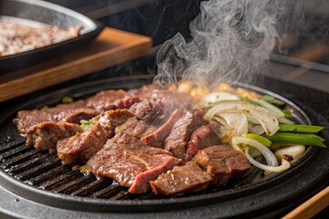 Sizzling beef on a grill with onions and scallions