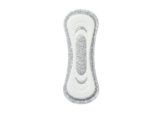 Sparkling feminine hygiene pad with silver glitter edges and embossed surface design, decorative conceptual element isolated on white background