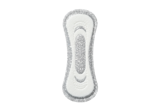 Sparkling feminine hygiene pad with silver glitter edges and embossed surface design, decorative conceptual element isolated on white background