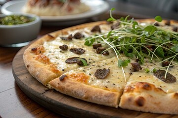 Gourmet white pizza topped with truffles and microgreens