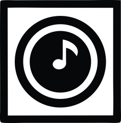 Simple black and white music note icon inside concentric circles and square border stylized graphic for audio media and entertainment