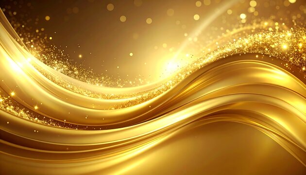 Abstract gold waves with glittering particles on a dark gold background