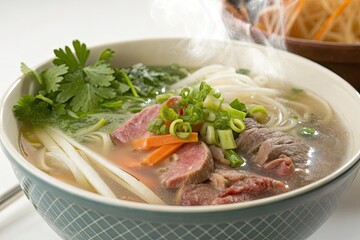 Steaming bowl of beef pho with fresh herbs and noodles