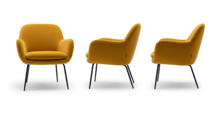 Stylish mustard yellow armchair displayed in multiple angles against a white background