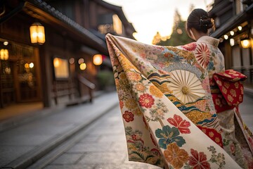 Naklejka premium Woman in traditional kimono walking through historic streets