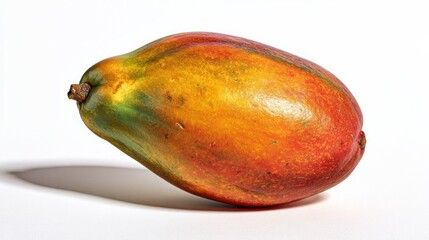 Ripe papaya fruit, showing yellow, green, and red skin, casting a soft shadow