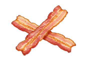 Crispy cooked bacon strips crossed close-up realistic breakfast food delicious pork meat culinary element isolated on white background