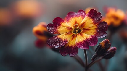 A single vibrant primrose flower with a mix of red and yellow petals, surrounded by blurred background elements, exudes a sense of natural beauty.