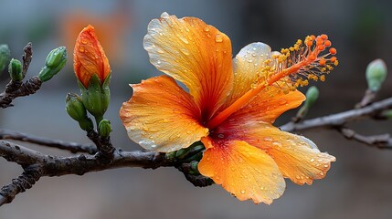 A vibrant orange hibiscus flower with dewdrops on its petals, set against a blurred background.