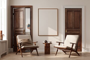 Fototapeta premium A sun-drenched interior living room featuring two mid-century modern armchairs, a blank framed canvas, and dark-toned wooden doors.