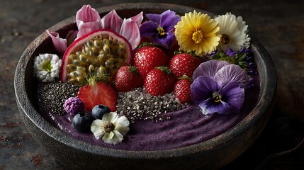 A vibrant acai bowl topped with fresh strawberries, blueberries, passionfruit, and edible flowers, set against a rustic wooden background.