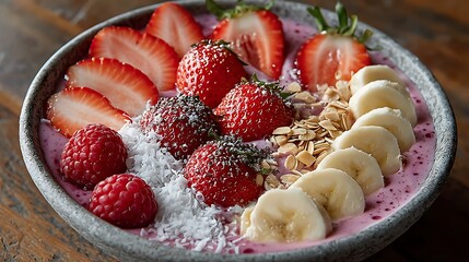 A vibrant smoothie bowl with fresh strawberries, raspberries, bananas, and oats, topped with coconut flakes and chia seeds, set against a rustic wooden table.