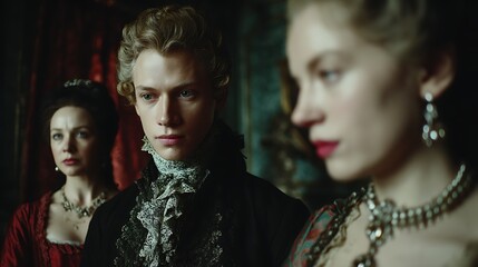 A regal portrait of a young man in a black coat and lace collar, with a woman in a red dress and another in a white dress, set against a richly decorated background.