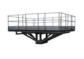 Elevated steel platform with safety railing and triangular support structure industrial construction architectural element isolated on white background
