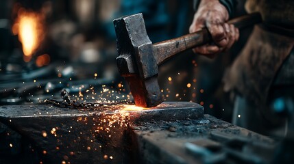 A blacksmith uses a hammer to forge a hot metal object, creating sparks as the metal is heated and shaped.