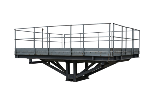 Elevated steel platform with safety railing and triangular support structure industrial construction architectural element isolated on white background