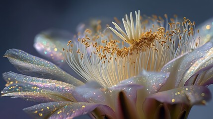 A close-up of a delicate flower with iridescent petals, showcasing a mix of white and pink hues.