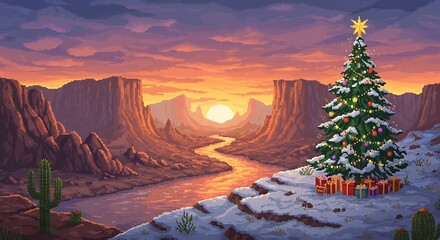 Christmas Tree in Desert Landscape Pixel Art