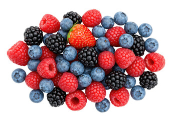 Close-up of colorful mix of fresh berries juicy strawberries blueberries raspberries organic fruit food element isolated on white background