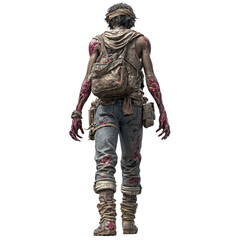 Fototapeta premium A decaying survivor with exposed bloody wounds and tattered clothing carrying a backpack