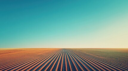 A vast, sunlit agricultural field stretches to the horizon under a clear, vibrant blue sky; parallel rows of crops are visible, suggesting meticulous cultivation and planning