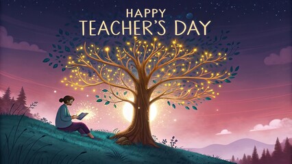Fantasy inspired glowing knowledge tree with magical Teachers Day theme.
