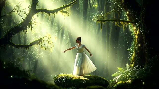 Ethereal ballet dancer gracefully leaping through a sun-dappled enchanted forest scenery