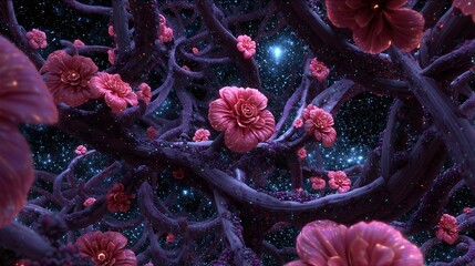 A surreal, ethereal garden filled with vibrant pink flowers and starry, cosmic backdrop.