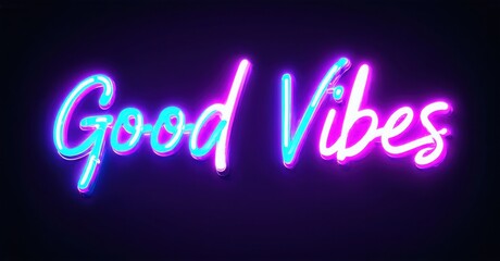 Neon sign displays Good Vibes text. Bright turquoise, pink hues illuminate dark purple background. Positive message, stylish lettering.