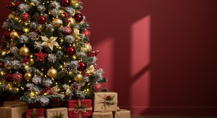 Elegant Christmas tree with ornaments and gifts ready for the holidays, festive background